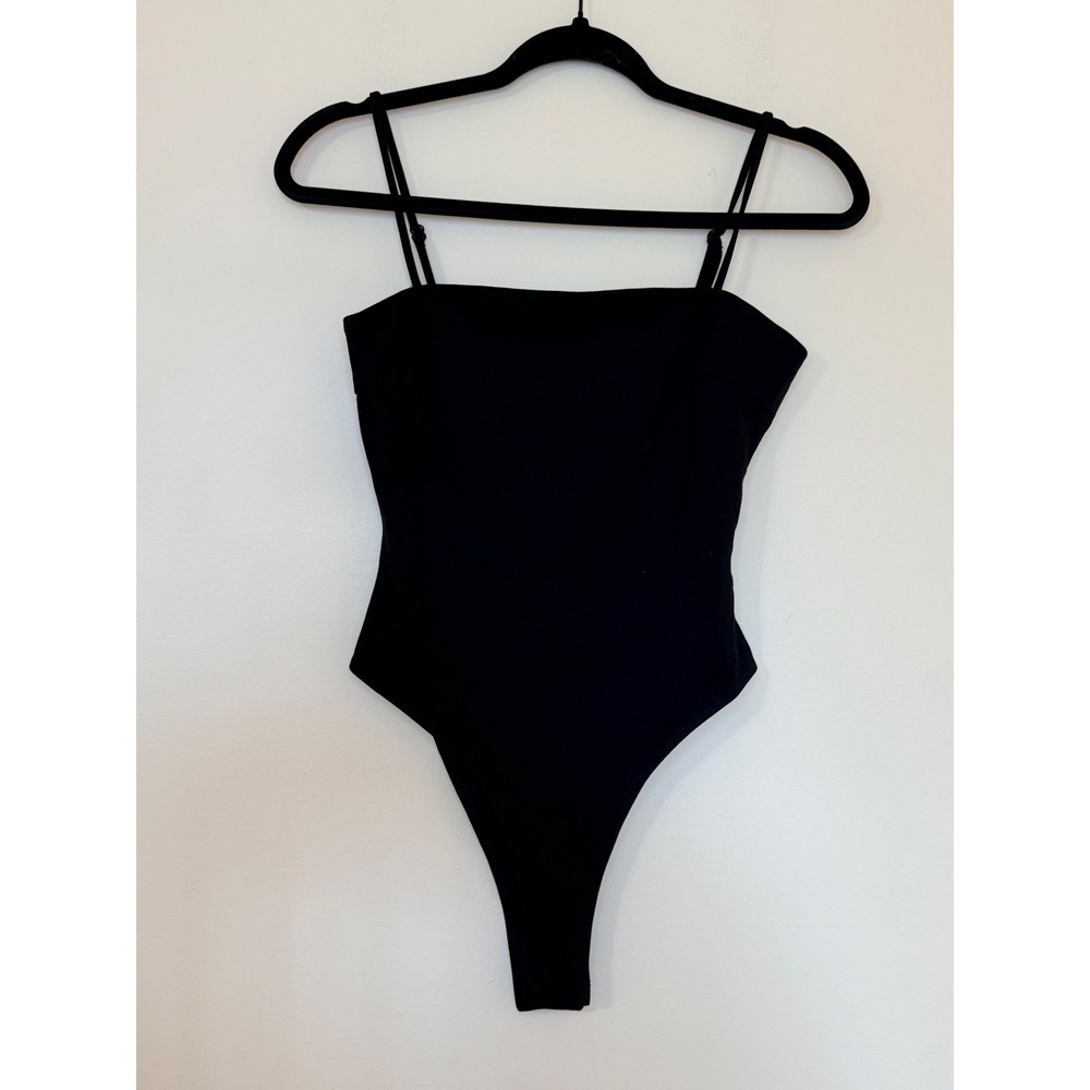 Shinestar Womens Black Square Neck Spaghetti Strap Thong Bodysuit Small SB3570B
